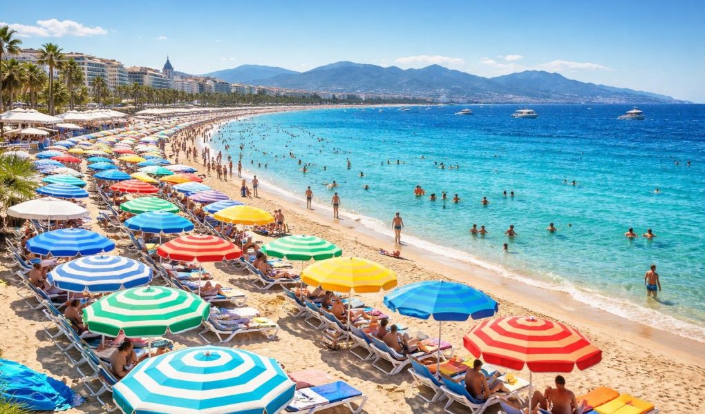 plage-cannes-parasols-transats-montagnes