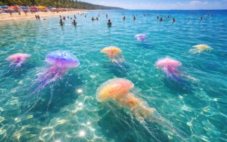 plage-mer-meduses-baigneurs-ciel-bleu