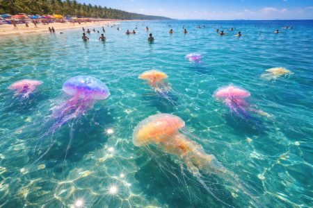 plage-mer-meduses-baigneurs-ciel-bleu
