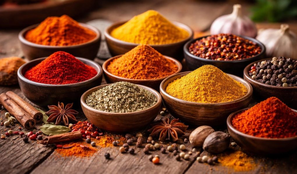 epices-colorees-pots-bols-table