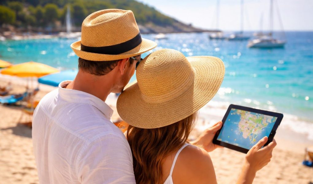 couple-plage-mer-yachts-parasols