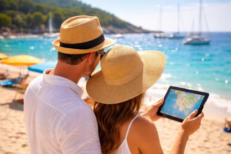 couple-plage-mer-yachts-parasols