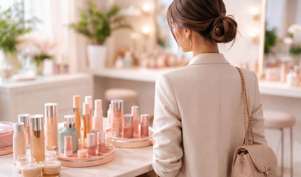 femme-elegante-produits-beaute-table