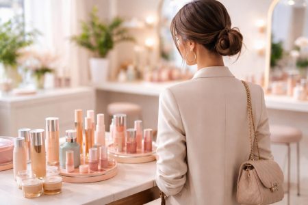 femme-elegante-produits-beaute-table