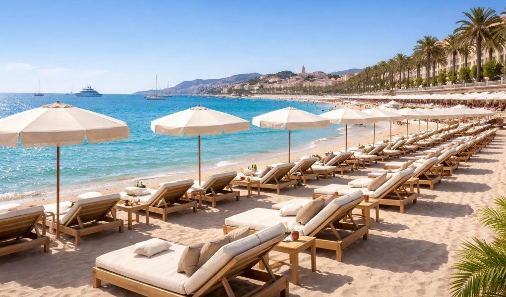 plage-cannes-chaises-longues-parasols-mer